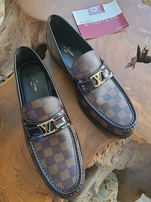 Louis Vuitton Major Damier Loafer Sz 10.5 LV  Brown W Gold LV Men's Slight Use - Image 1 of 4