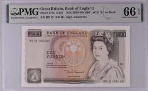 GREAT BRITAIN 10 POUND 1984-1986 P379 PMG 66 GEM UNC EPQ QEII SIGN SOMERSET - Picture 1 of 2