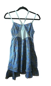 Free People Mini Dress Size 2 Blue Floral  Cotton Linen Babydoll Swing Fit Flare - Picture 1 of 5