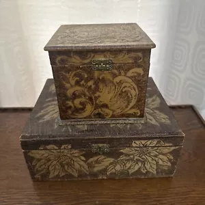 Two Antique Flemish Art Large Pyrography Dresser Box Late Floral Poinsettia - Picture 1 of 13