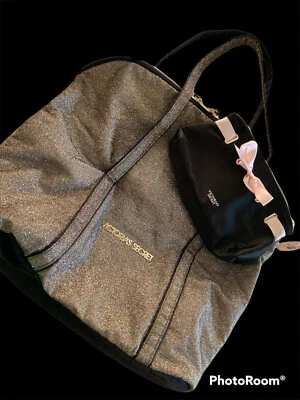 2pcs VICTORIA'S SECRET Pink Black Satin wristlet makeup SPARKLE Travel Bag Purse - Image 1 of 4