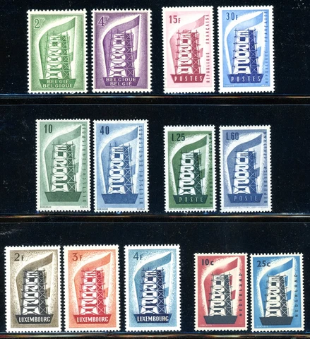 EUROPA 1956 First Europa Issue Complete:  Six Countries Thirteen Stamps Cover