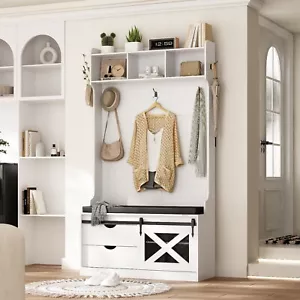 Industrial Coat Rack & Shoe Shelf Storage Bench Hall Tree w/ 2 Drawer & 5 Hooks - Picture 1 of 8