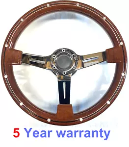 CLASSIC 3 SPOKE CHROME WOODEN WOODRIM WOOD VINTAGE CAR STEERING WHEEL 350MM 13" - Picture 1 of 6