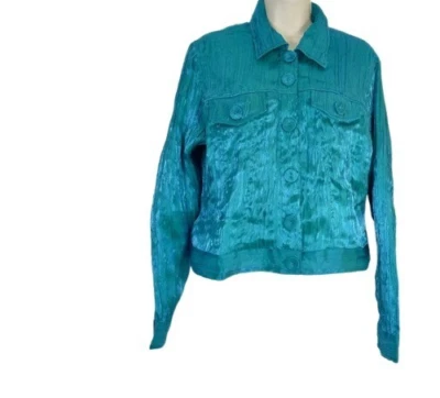 Vintage Don't Mess With Texas Womens Satin Jacket Turquoise Crinkle Pleat M - Изображение 1 из 4