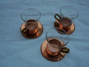 3 Small Nespresso Coffee Glass Cups Expresso Shot Mugs With Copper Bottoms.