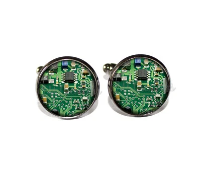 Computer Green Circuit Board Handmade Cuff Links Round Glass Metal Mens Jewelry - Image 1 of 3