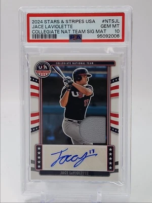 JACE LAVIOLETTE 2024 STARS & STRIPES USA COLLEGIATE PATCH AUTO /199 PSA 10 Q5346 - Image 1 of 2