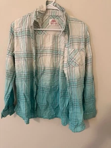 Justice Long Sleeved Blue Plaid Flannel Type Shirt Side Lace Up Size 18 - Picture 1 of 3