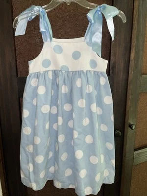 Kelly’s Kids Girls Dress 7-8 M Blue & White Polka Dot BIG SATIN BOWS sundress - Image 1 of 4