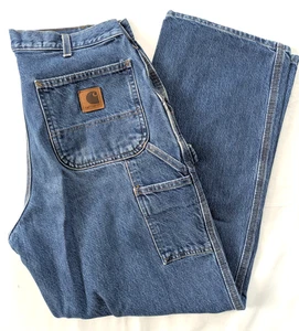 Carhartt Blue Denim Carpenter Utility Dungarees Pants Mens 34x30 EUC - Picture 1 of 15