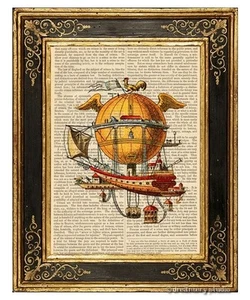 Globo de aire caliente dirigible volador #1 impresión artística en página de libro vintage decoración de bebé - Imagen 1 de 3