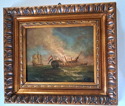 Carré Bataille Navale Cadre Feuille Or Peinte à la Main Huile Sur Table - Photo 1/3