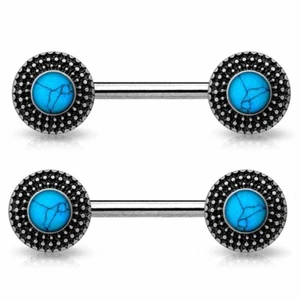 Turquoise Centered Tribal Shield Ends 316L Surgical Steel Nipple Barbells - Picture 1 of 3