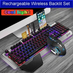 PC Gaming Keyboard Mouse Set Wireless Built-In Battery Rainbow Backlit Ergonomic - Picture 1 of 15