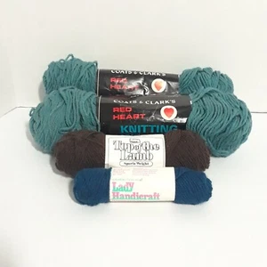 Vintage Red Heart 100% Wool Yarn Lot Of 4 Skeins Mix Green Brown Blue Worsted - Picture 1 of 11