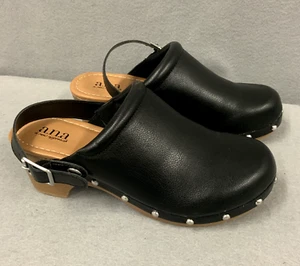 A.N.A Womens US 6.5 M Black Leather Studded Slip-on Mules Clogs Shoes - Picture 1 of 9