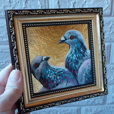 Couple Pigeon painting Gold leaf framed art Portrait pigeon hand painted artwork - Image 1 of 4