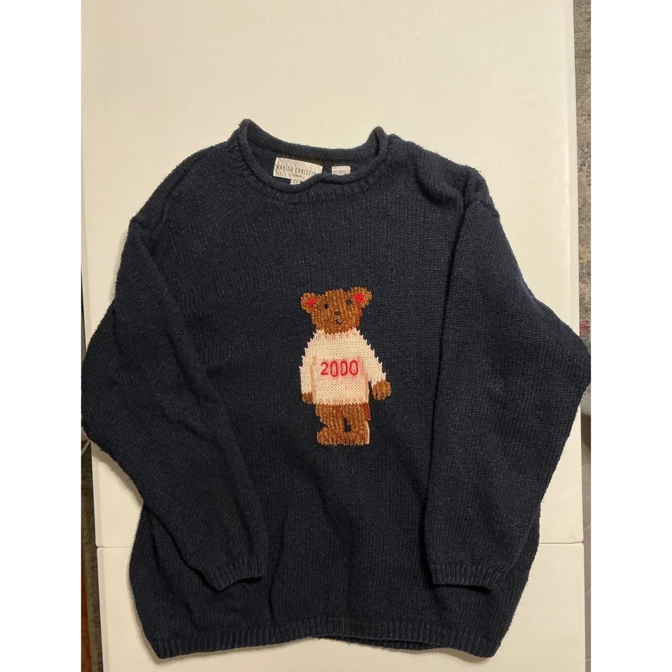 Suéter de Colección 2000 Marisa Christina Azul Marino Año Nuevo Oso de Peluche Bordado para Mujer 2X Tejido Foto 1 de 4