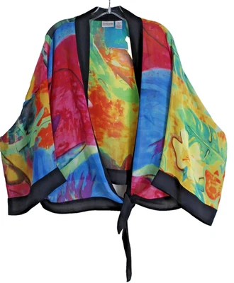 Chico's Sz 3 XL 1X Colorful Art-to-Wear Kimono Front Tie Silk Jacket Lagenlook - Image 1 of 4