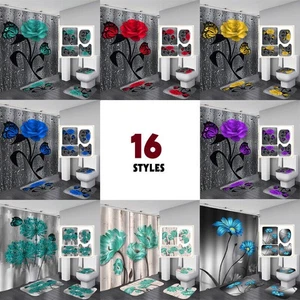 Flower Bathroom Rug Set Shower Curtain Bath Mat Skidproof Toilet Seat Lid Cover - Picture 1 of 23