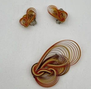 Vtg Estate Jewelry ~ Handmade Natural Bamboo Jewelry FAN Pin & Earrings Set - Picture 1 of 10