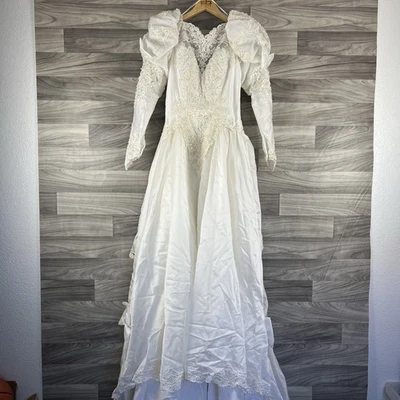 Vintage 1980’s Ivory Beaded Wedding Dress Puff Long Sleeves Lace Bow Victorian - Image 1 of 4