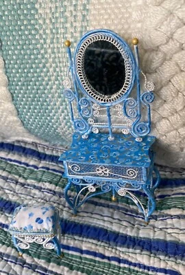 dollhouse miniatures furniture vanity and stool blue white wire wicker ooak - Image 1 of 4