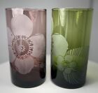 Set Of 2 Purple and Green Hand Blown & Etched Glasses Hibiscus Hawaii Tumblers