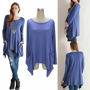 Fashion Women Irregular Long Sleeve loose Cotton Blouse Shirt Casual Tunic Tops - Picture 1 of 12