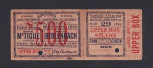 RARE 1925 CHAMPIONSHIP boxing ticket MIKE McTIGUE v PAUL BERLENBACH JIM SLATTERY - Picture 1 of 2