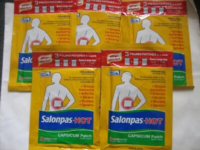 5 paquetes Salonpas-Hot Capsicum parche dolor de espalda artritis moretones esguinces 3 quilates cada uno Foto 1 de 3