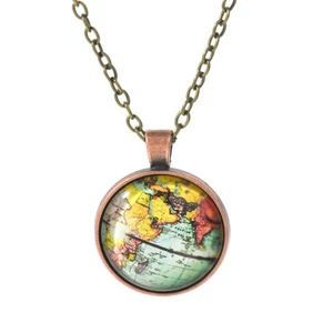 Globe Dome Time Gem Necklace Double Sided Round World Map Pendant Necklace - Picture 1 of 2