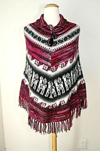 VTG Outdoor Poncho Top Black White Pink Fringe Ornamental Stripes ~ ESTATE   #04 - Picture 1 of 7