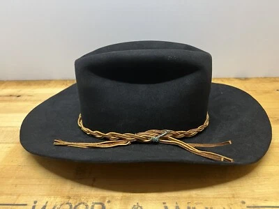 Vintage John B. Stetson 4X Beaver Cowboy Hat Size 7 Oval Black w/ Leather Braid - Image 1 of 4