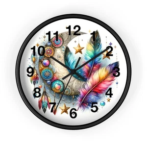 Bohemian Feathers Wall Clock | Colorful Boho Style Timepiece, Home Decor & Gift - Picture 1 of 10