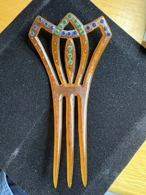 Peine de pelo Art Deco B1/de colección baquelita imitación caparazón de tortuga pedrería azul/verde Foto 1 de 2