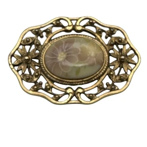 Vintage florale Kamee Brosche Anstecknadel mit filigranem Rahmen goldfarben oval - Bild 1 von 9