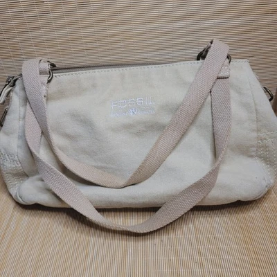 Bolsa de ombro de lona fóssil tiracolo cáqui bege estampa de leopardo forro vintage... - Imagem 1 de 4