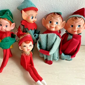 Vintage Japan & Napco Knie Umarmung Elfen Menge 5 Pixies Weihnachtsschmuck - Bild 1 von 24