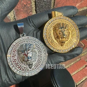 HIP HOP ICE OUT SILVER LION HEAD MEDALLION STAINLESS STEEL CHARM MEN PENDANT - Picture 1 of 10