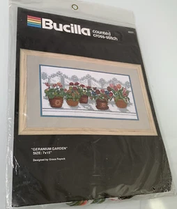 VTG Bucilla Counted Cross Stitch Kit GERANIUM GARDEN 40377 Floral Spring - Picture 1 of 5