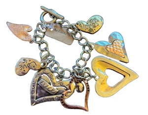 Gold Silver Copper 3 Tone Heart Valentine Inspiratioinal Crystal Charm Bracelet - Picture 1 of 2