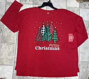 NWT Womens Holiday Time Red Christmas Graphic Long Sleeve Pull Over Shirt 1X - Picture 1 of 12