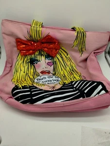 Betsey Johnson Pink Square Canvas Face Shopper Shoulder Tote Bag Large Tags Read - Picture 1 of 14