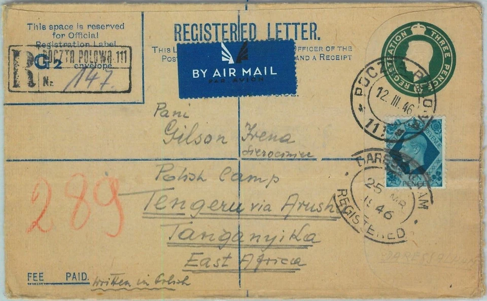 95353 - Postal History - STATIONERY from POLISH TROOPS Anders' to TANGANIKA 1946 Foto 1 de 1