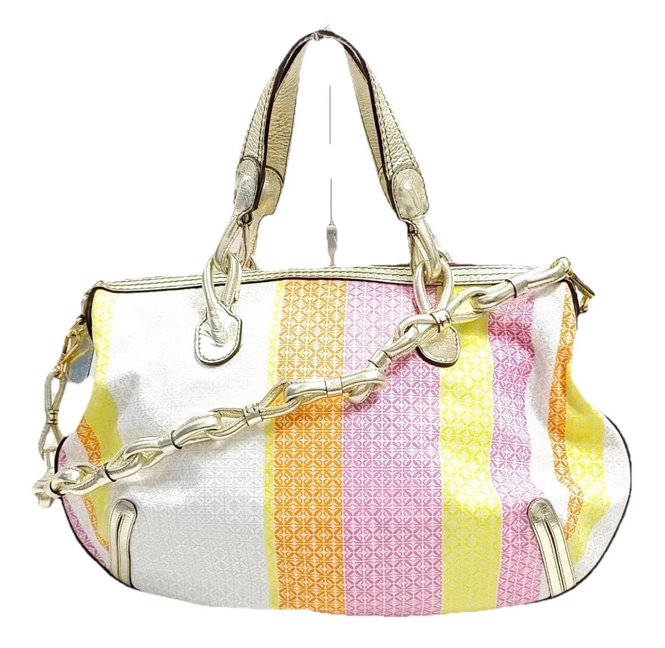 LOEWE Multicolor Anagram Striped Canvas Gold Leather 2way Fiesta Satchel Auth - Image 1 of 4