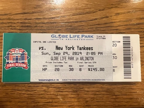 Globe Life Park final game ticket - Yankees 9/29/19 Cover