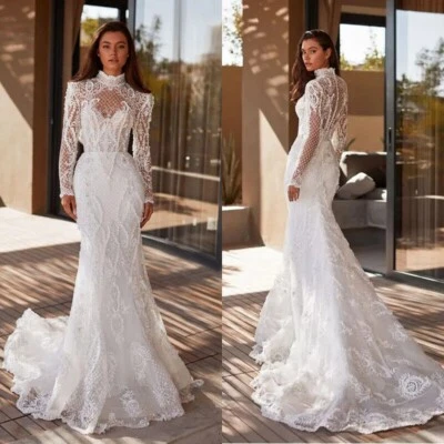 Luxury Mermaid Wedding Dresses High Neck Long Sleeved Lace Applique Bridal Gowns - Image 1 of 4