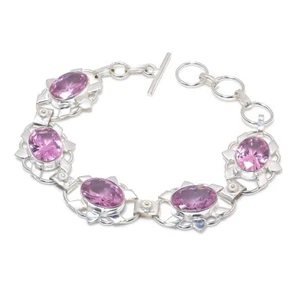 Pink Kunzite Gemstone Handmade 925 Sterling Silver Jewelry Bracelet Sz 7-8" - Picture 1 of 1